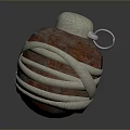 Reddish Brown Grenade Weapon Wrapped With Beige Cloth Straps Top Fuse And Metal Ring