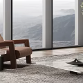 Modern Living Room With Large Windows Mountain View Gray Sofa Circular Pattern Wall Green Plant