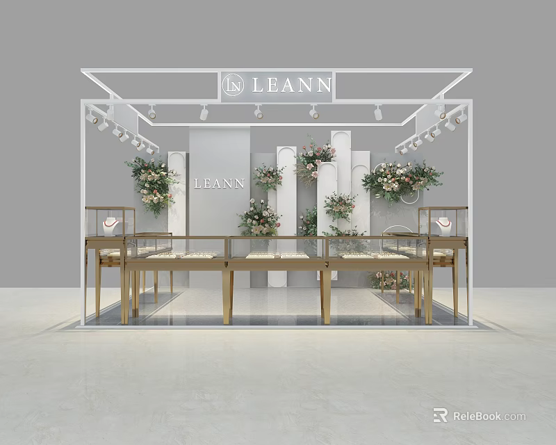 Luxury Jewelry Store Display Area Featuring Golden Counters White Columns Flower Decorations And Spotlights 3d model 