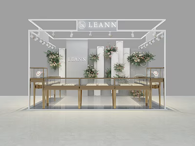 Luxury Jewelry Store Display Area Featuring Golden Counters White Columns Flower Decorations And Spotlights 3d model