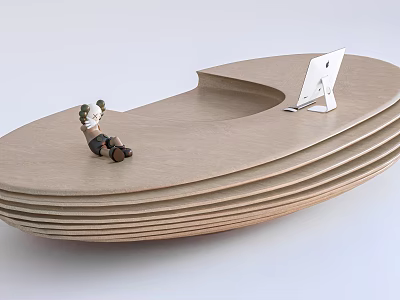 Curved Wooden Reception Desk Interior With Layered Design And iMac Computer 3d model