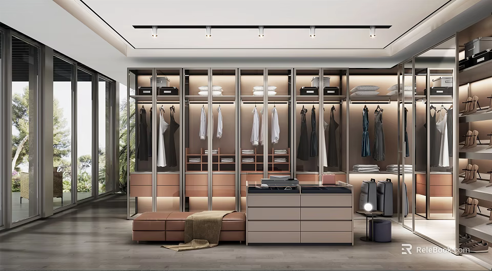 Modern Walk in Closet Interior Design With Glass Door Cabinets Hanging Clothes And Bench 3d model 