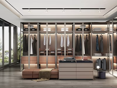Modern Walk in Closet Interior Design With Glass Door Cabinets Hanging Clothes And Bench 3d model