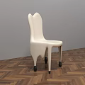 White Single Chair With Unique Backrest Design And Wheeled Legs On Herringbone Wooden Floor