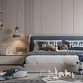 Modern Elegant Kids Room With Gray Walls Blue Accents Bed Desk Toys Rug And Chandelier