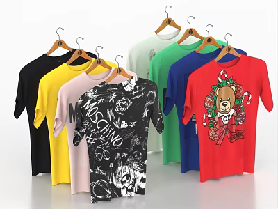 Colorful Printed T Shirts With Various Colors And Cartoon Bear Patterns Hanging On Hangers 3d model