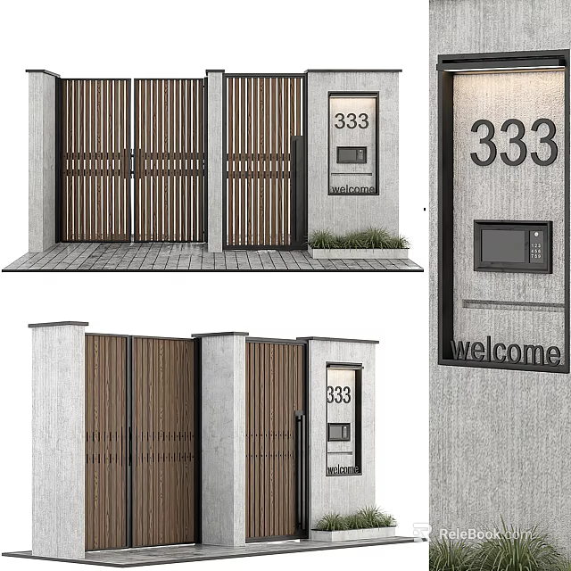 Modern Wooden Entrance Gate With House Number 333 Access Control And Welcome Sign 3d model 