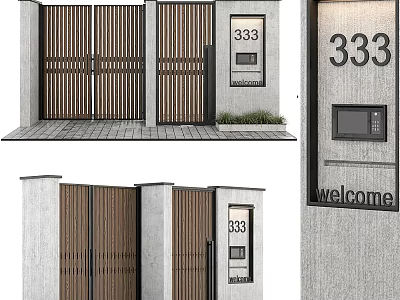 Modern Wooden Entrance Gate With House Number 333 Access Control And Welcome Sign 3d model