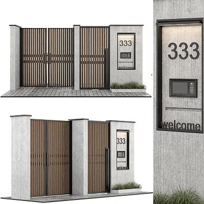 Modern Wooden Entrance Gate With House Number 333 Access Control And Welcome Sign 3d model