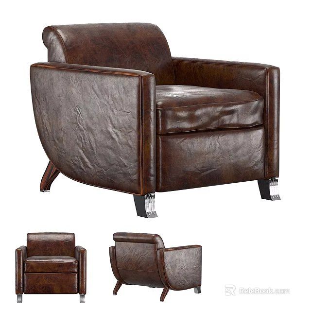 Elegant Brown Leather Single Sofa With Classic Design And Metal Legs 3d model 