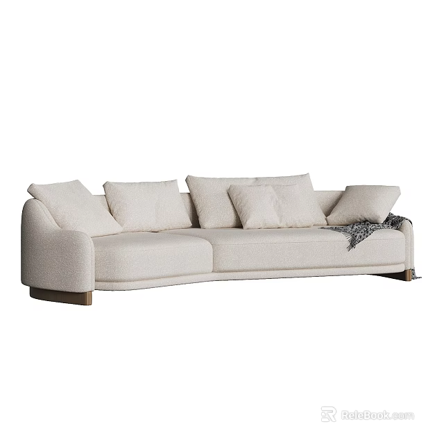 Modern Beige Sectional Sofa With Plush Cushions And Throw Blanket 3d model