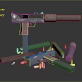 Modern Tactical Weapon With Metal Parts Bullets And Magazines On Dark Background