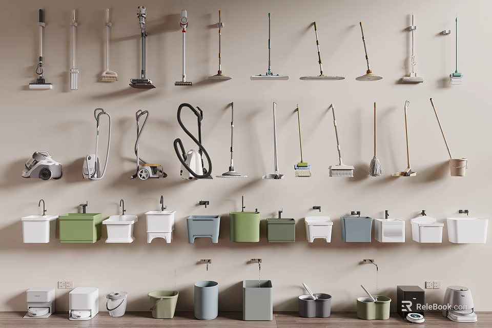 Organized Display Of Various Household Cleaning Tools With Mops Vacuums Buckets And Sinks 3d model 