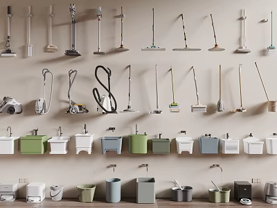 Organized Display Of Various Household Cleaning Tools With Mops Vacuums Buckets And Sinks 3d model