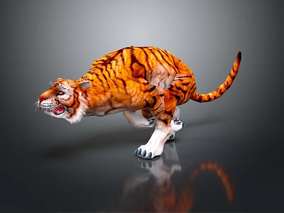 Realistic Orange Black Striped Tiger With Open Mouth And Reflection On Gray Background 3d model