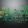 Various Green Plants With Different Leaf Types And Varied Sizes On Black Background 3d model