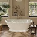 Vintage White Freestanding Bathtub With Plants Window Small Table And Bath Products