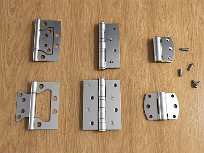 Various Metal Hinges And Small Screws On Wooden Table Top 3d model
