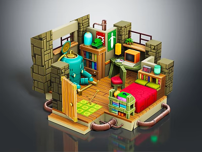 Cartoon Room Scene With Stone Walls Bookshelves Red Bed Blue Machine TV And Green Rug 3d model