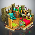 Cartoon Room Scene With Stone Walls Bookshelves Red Bed Blue Machine TV And Green Rug