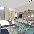 Modern Hotel Guest Room With Wooden Wall White Bed Blue Accent And Patterned Carpet