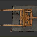 Ancient Wooden Siege Engine Catapult With Wheels Gears Levers And Fallen Leaves On Platform