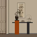 Traditional Chinese Console Table With Bamboo Painting Vase And Bird Ornament On Orange Column