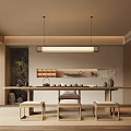 Elegant Traditional Teahouse Interior With Wooden Long Table Tea Sets And Soft Lighting