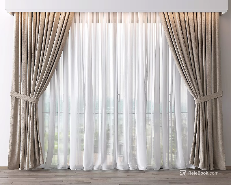 Beige Curtains With White Sheer Layer And Tiebacks For Window Natural Light 3d model 