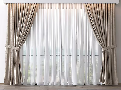 Beige Curtains With White Sheer Layer And Tiebacks For Window Natural Light 3d model