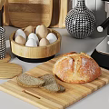 Modern Kitchenware With Black Canisters Coffee Maker Blue Bowls And Wooden Cutting Board On Shelves