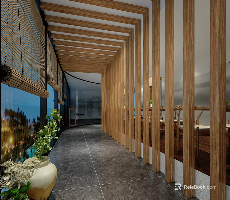 Modern Elevator Corridor With Wooden Beams Large Window Green Plant And Tile Floor 3d model 