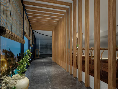 Modern Elevator Corridor With Wooden Beams Large Window Green Plant And Tile Floor 3d model