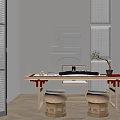 Modern Minimalist Wooden Tea Table and Chairs with Round Stools Wall Art and Wooden Floor