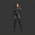 3D Female Character Model in Dark Combat Suit with Orange Accents Standing Pose