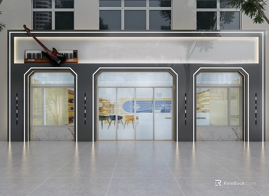 Modern Storefront Design With Glass Doors Side Windows Guitar Display And Shelves 3d model 
