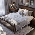 Double Bed With Wooden Headboard Gray Comforter Decorative Pillows Nightstand Table Lamp And Area Rug
