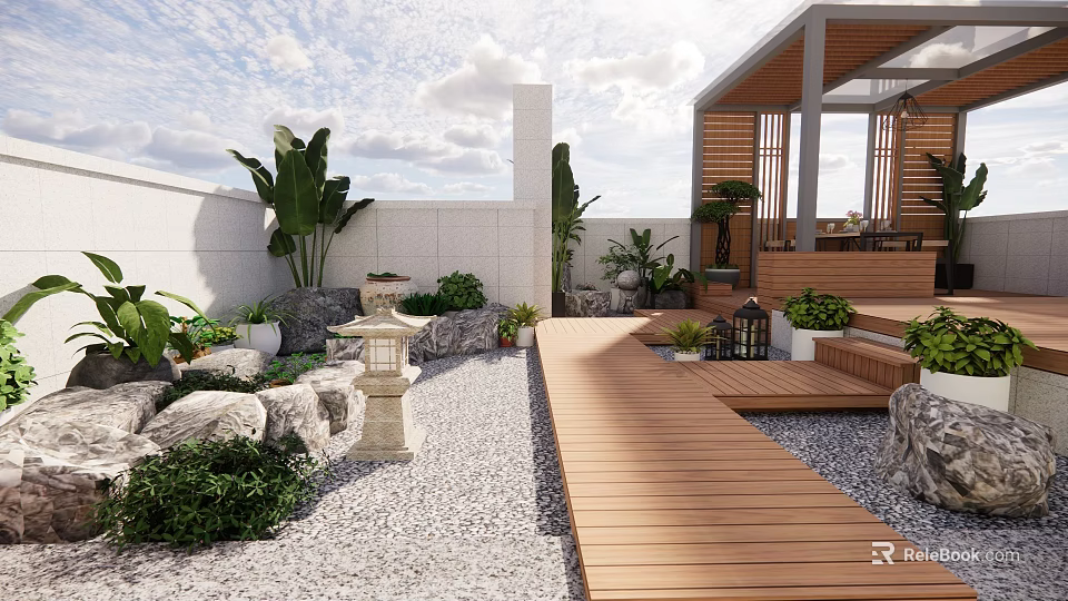 Beautiful Courtyard Garden With Wooden Walkway Gravel Ground Stones Plants Lantern And White Walls 3d model 