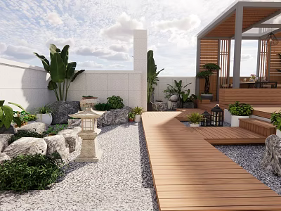 Beautiful Courtyard Garden With Wooden Walkway Gravel Ground Stones Plants Lantern And White Walls 3d model