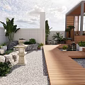 Beautiful Courtyard Garden With Wooden Walkway Gravel Ground Stones Plants Lantern And White Walls