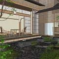 Traditional Japanese Garden Landscape Featuring Wooden Structure Stone Pathway Water Feature And Greenery