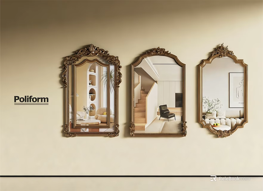 Elegant Ornate Poliform Decorative Mirrors With Intricate Frames Reflecting Interior Scenes 3d model 
