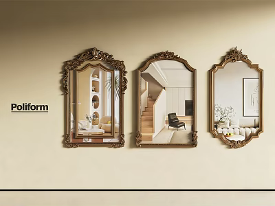 Elegant Ornate Poliform Decorative Mirrors With Intricate Frames Reflecting Interior Scenes 3d model