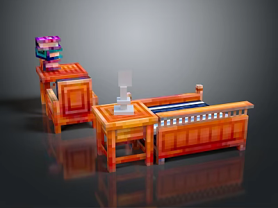Modern Wooden Bedroom Furniture Set With Bed Nightstand And Bookshelf Storage 3d model