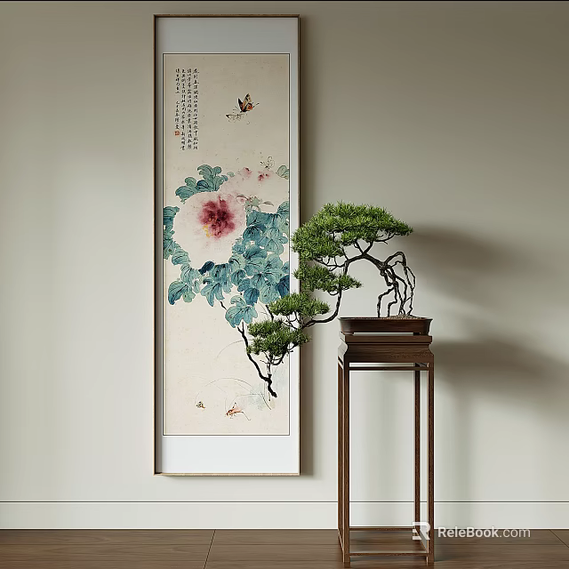Traditional Botanical Painting With Peony Flower Butterfly And Bonsai On Wooden Stand Light Wall 3d model 