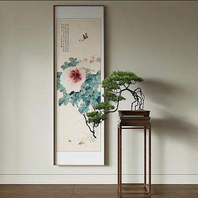 Traditional Botanical Painting With Peony Flower Butterfly And Bonsai On Wooden Stand Light Wall 3d model