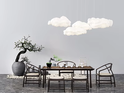 New Chinese Style Tea Table and Chair Tea Table and Chair Potted Cloud Lantern Stone Ornaments Combination 3d model