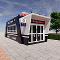 Public Security Police Station Exterior With Blue White Structure And Roadside Trees