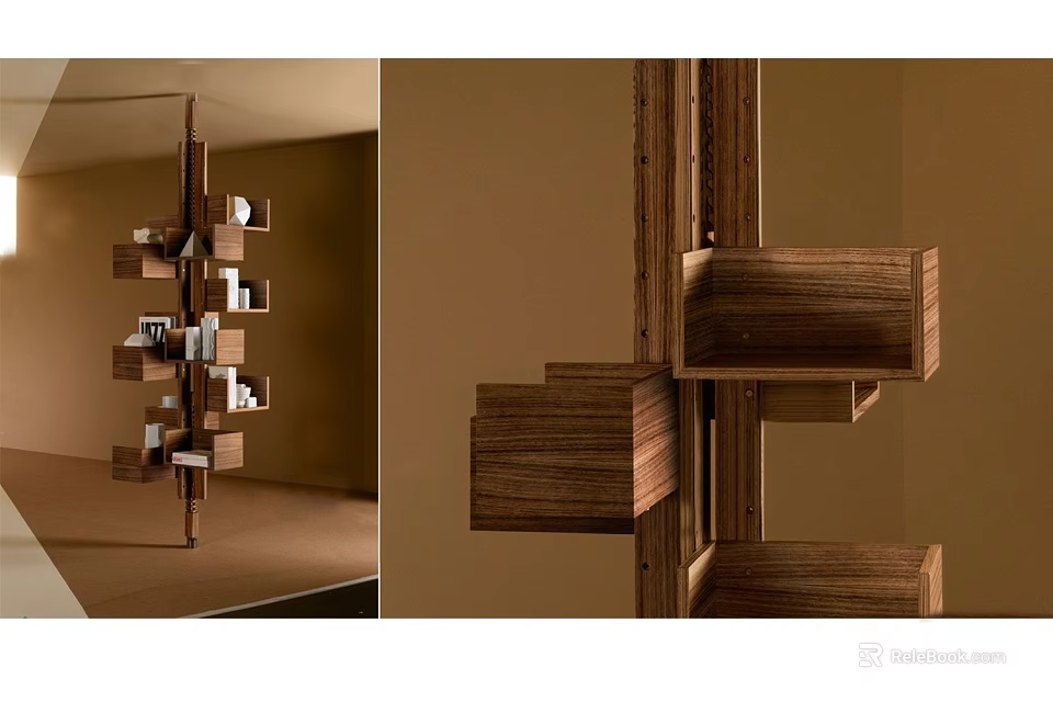 Modern Geometric Wooden Bookshelf Design With Modular Compartments And Layered Storage 3d model 