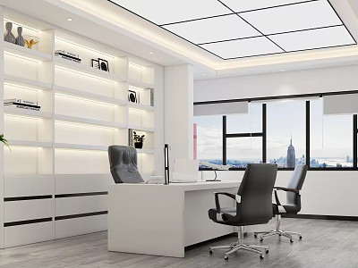 Modern Office Interior With White Shelves Lighting Desk Black Chairs City View And Green Plant 3d model